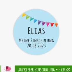 15 Aufkleber | Meine Einschulung hellblau - Bunte Wimpel  - personalisierbar | Schulanfang, Kinderparty Kinder Einschulung