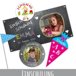 Outlet 15 Aufkleber | Schulkind - Bunte Wimpel - personalisierbar | Schulanfang, Aufkleber zur Einschulung in Holzoptik braun Kinder Einschulung