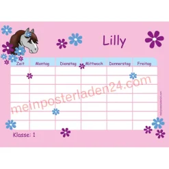 Best 4 er Set  A4 Stundenplan + Lernposter + Heftaufkleber  | Pony Blumen - rosa Kinder Einschulung