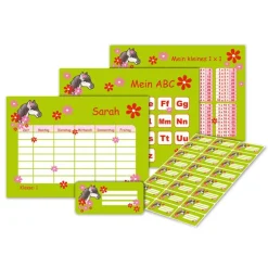 Best 4 er Set  A4 Stundenplan + Lernposter + Heftaufkleber  | Pony Blumen - grün Kinder Einschulung