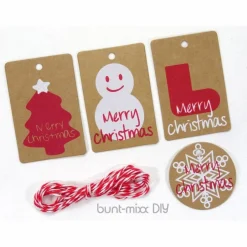 Outlet 12 Geschenkanhänger mit Twine 3m, X-Mas Weihnachten, Geschenke verpacken, Geschenk Anhänger rund, eckig, merry christmas Geschenkeanhänger