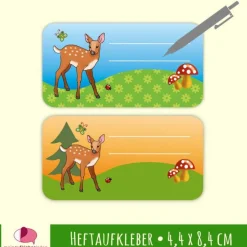 Einschulung|meinAufkleberladen 12 Heftaufkleber | Reh - Schulaufkleber zum selbstbeschriften - 4,4 x 8,4 cm