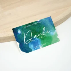 Online 100 kleine Hochzeit Dankeskarte 01 | Blau grüner Aquarell Hintergrund | Personalisiert mit Namen und Datum Danksagungskarten