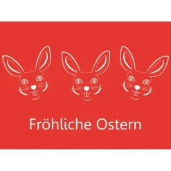 Discount 3 Postkarten Fröhliche Ostern, mit drei lachenden, stilisierten Osterhasen auf Rot Osterkarten