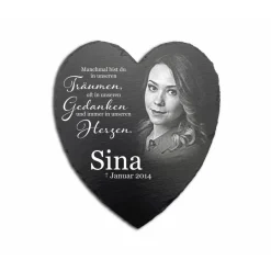Clearance 20 x 23 cm Schieferherz mit Gravur – Personalisiertes Gedenkstein mit Foto & Wunschtext als wetterfester Grabschmuck Gedenksteine