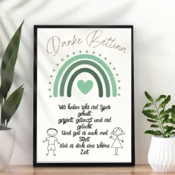 Danksagungskarten|DekowerkSeeger Abschiedsgeschenk Erzieherin personalisiert Herz grün | Poster Urkunde | Geschenk Kindergarten Danke Regenbogen