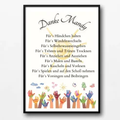 Danksagungskarten|DekowerkSeeger Abschiedsgeschenk Erzieherin personalisiert Hände bunt | Poster Urkunde | Geschenk Kindergarten Danke