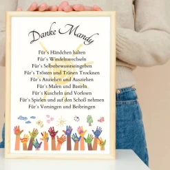 Danksagungskarten|DekowerkSeeger Abschiedsgeschenk Erzieherin personalisiert Hände bunt | Poster Urkunde | Geschenk Kindergarten Danke