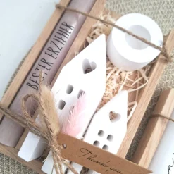 Abschiedsgeschenk Kindergarten KITA Erzieherin mit Herz Geschenkset Dankeschön Häuser / Lichthäuser Kerzenhalter Stern K Kinder Danksagungskarten