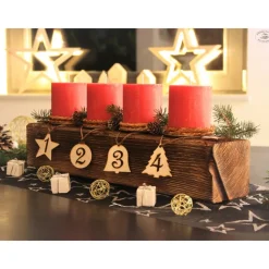 New Adventsbalken aus Holz mit weißen Kerzen und Glaskugeln/ Adventsgesteck / Adventsdeko Adventskränze