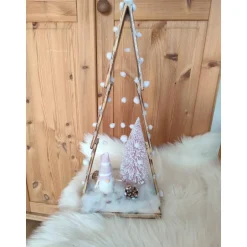 Adventsdeko Holztanne geschmückt Wichtel mit LED Beleuchtung 22x40cm rosa Tischdekoration