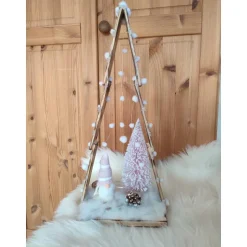 Adventsdeko Holztanne geschmückt Wichtel mit LED Beleuchtung 22x40cm rosa Tischdekoration