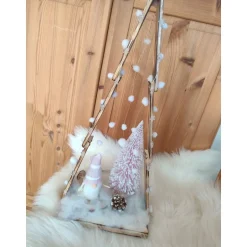 Adventsdeko Holztanne geschmückt Wichtel mit LED Beleuchtung 22x40cm rosa Tischdekoration