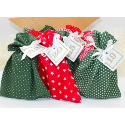 Adventskalender / Säckchen zum Befüllen / Stoffsäckchen mit Zahlen dunkelgrün rot Adventskalender
