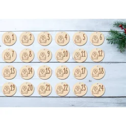 Outlet Adventskalender Zahlen Holz 1–24, rund Ø4,5 cm – Seelöwen-Gravur, wiederverwendbar Adventskalenderzahlen