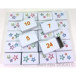 Adventskalender|bunt-mixx-DESIGN Adventskalender zum Befüllen, Korb silberfarben shabby stil,  Schachteln, rote Filzsterne, Spankorb