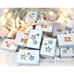 Adventskalender|bunt-mixx-DESIGN Adventskalender zum Befüllen, Korb silberfarben shabby stil,  Schachteln, rote Filzsterne, Spankorb