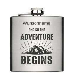 Adventure begins mit Wunschname personalisiert Edelstahl Flachmann 6oz mit Lasergravur Geschenke