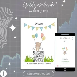 Sale Aktiengeschenk | QrCode Sparbuch | Etf Geschenkverpackung | Personalisiertes Geldgeschenk | Download | Mehrere Motive Geldgeschenke