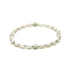 Brautschmuck|Jeu de Couleurs Armband (elastisch) in Weiß aus Süßwasserzuchtperlen sowie Amazonit-Würfelchen in Lindgrün, Brautschmuck #093 Amperl