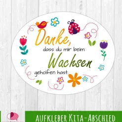 Danksagungskarten|meinAufkleberladen Aufkleber oval - Kindergarten Abschied | Danke, dass du mir beim Wachsen geholfen hast - Blumen - Marienkäfer - Vogel