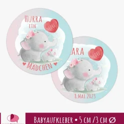 Babyaufkleber zur Geburt | niedliche Elefanten mit Luftballonherz - Watercolor Geschenke