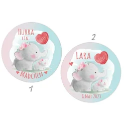 Babyaufkleber zur Geburt | niedliche Elefanten mit Luftballonherz - Watercolor Geschenke
