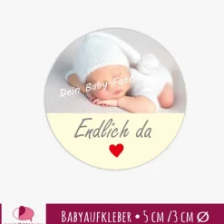 Einladungskarten|meinAufkleberladen Babyaufkleber zur Geburt | Endlich da - Herz - personalisierbar mit Babyfoto