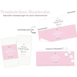 New Banderolen Für die Freudentränen Rosa-Weiß zweiseitig bedruckt mit Klebepunkt zum Verschließen - Hochzeit Taschentuch Papierbanderole Taschentuchhalter Hochzeitsdeko