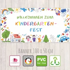 Clearance Banner Kinderevent 100 x 50 cm  | Kindergartenfest - bunte Kindermotive - Kinderzeichnung - Kindergartenabschluss Kinder Einschulung