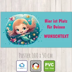 Best Banner Kinderparty - 100 x 50 cm | Niedliche Meerjungfrau mit kleinen Fischen - mit Wunschtext personalisierbar Kinder Dekoration
