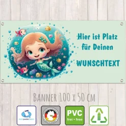 Best Banner Kinderparty - 100 x 50 cm | Niedliche Meerjungfrau mit kleinen Fischen - mit Wunschtext personalisierbar Kinder Dekoration