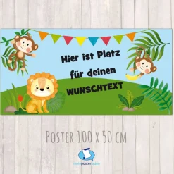 Discount Banner Kinderparty - 100 x 50 cm | Äffchen und Löwe - mit Wunschtext personalisierbar Kinder Dekoration