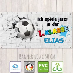 Discount Banner zur Einschulung - 100 x 50 cm | Fußball - Ich spiele jetzt in der 1. Klasse Kinder Einschulung