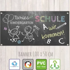 Online Banner zur Einschulung 100 x 50 cm | Tafeloptik Tschüss Kindergarten - Schule wir kommen Kinder Einschulung