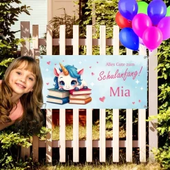 Clearance Banner zur Einschulung 100 x 50 cm  | Alles Gute zum Schulanfang - Einhorn mit Büchern - rosa blau - Aquarell-Design Kinder Einschulung