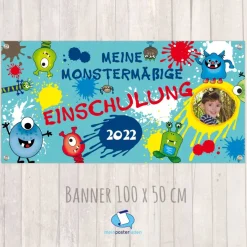 Discount Banner zur Einschulung 100 x 50 cm - mit Foto personalisierbar | Meine Monstermäßige Einschulung - türkis Kinder Einschulung