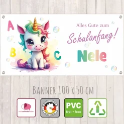 Discount Banner zur Einschulung 100 x 50 cm  | Alles Gute zum Schulanfang - Einhorn mit Seifenblasen - Aquarell-Design Kinder Einschulung