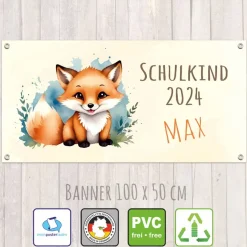 Discount Banner zur Einschulung 100 x 50 cm  | Schulkind - Fuchs Aquarell-Design Kinder Einschulung
