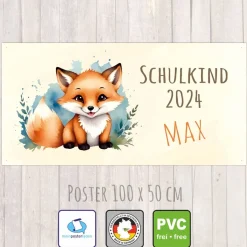 Discount Banner zur Einschulung 100 x 50 cm  | Schulkind - Fuchs Aquarell-Design Kinder Einschulung