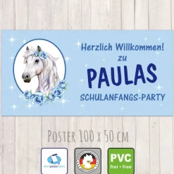 Discount Banner zur Einschulung 100 x 50 cm  | Pony mit Rosen und Sternchen - hellblau Kinder Einschulung