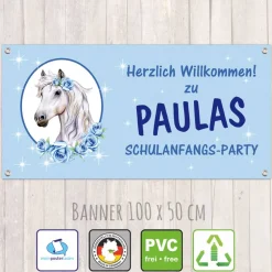 Discount Banner zur Einschulung 100 x 50 cm  | Pony mit Rosen und Sternchen - hellblau Kinder Einschulung