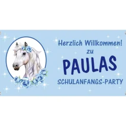 Discount Banner zur Einschulung 100 x 50 cm  | Pony mit Rosen und Sternchen - hellblau Kinder Einschulung