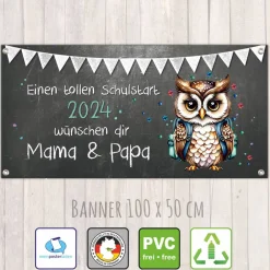 Sale Banner zur Einschulung 100 x 50 cm - personalisierbar | Tafeloptik Eule Schulstart - Wunschtext Kinder Einschulung