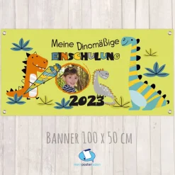 Banner zur Einschulung 100 x 50 cm - mit Foto personalisierbar | Meine Dinomäßige Einschulung - grün Kinder Einschulung