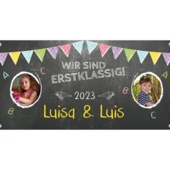 Banner zur Einschulung - Zwillinge - 100 x 50 cm - mit Foto personalisierbar | Tafeloptik - Wir sind erstklassig Kinder Einschulung