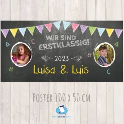 Banner zur Einschulung - Zwillinge - 100 x 50 cm - mit Foto personalisierbar | Tafeloptik - Wir sind erstklassig Kinder Einschulung