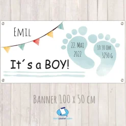 Online Banner zur Geburt - Babyparty 100 x 50 cm | Its a boy - Baby Fußabdruck - aquablau Dekoration