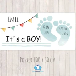 Online Banner zur Geburt - Babyparty 100 x 50 cm | Its a boy - Baby Fußabdruck - aquablau Dekoration