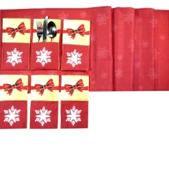 Discount Bestecktaschen 6 Stück & Tischläufer Schneeflocken Schleife – Tischset Weihnachten Deko Weihnachtsbaumdecken